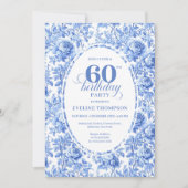 Invitation Modern Blue Toile Roses 60th Birthday Invite Digit (Devant)