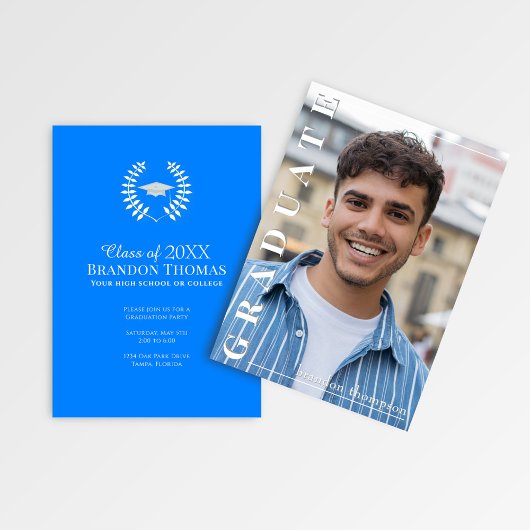 Invitation Modern Blue Vertical Name Graduation Photo Card