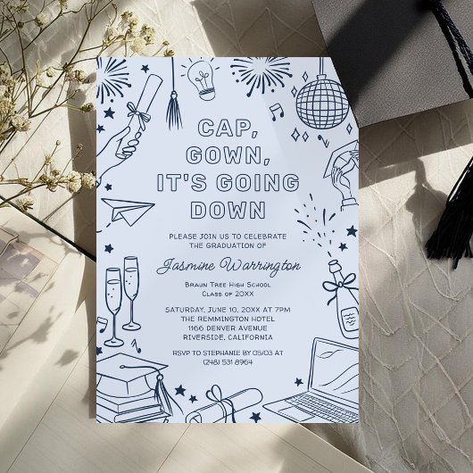 Invitation Modern Blue Whimsical Doodle Graduation
