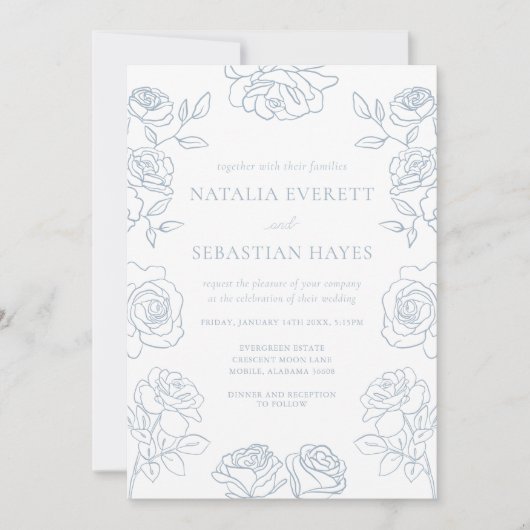 Invitation Modern Blue & White French Roses Wedding (Devant)