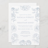 Invitation Modern Blue & White French Roses Wedding (Devant / Derrière)