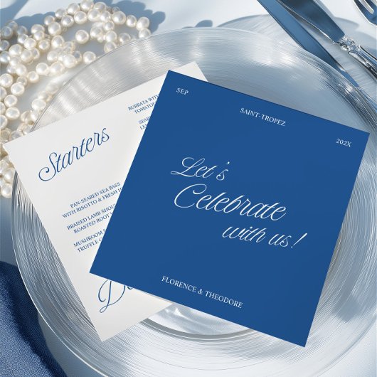 Invitation Modern Blue & White Script Wedding Menu Card