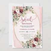 Invitation Modern Blush Burgundy Gold Floral Sweet Sixteen (Devant)