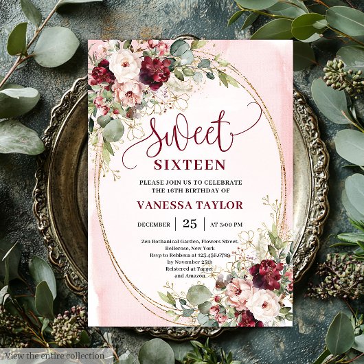 Invitation Modern Blush Burgundy Gold Floral Sweet Sixteen