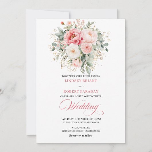 Invitation Modern Blush Greenery Gold Wedding Invite (Devant)