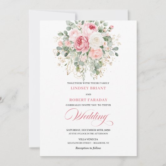 Invitation Modern Blush Greenery Gold Wedding Invite (Devant)