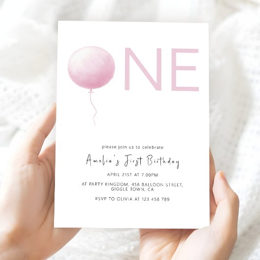 Invitation Modern Blush Pink Balloon Girl First Birthday