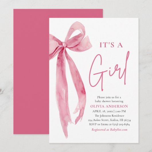 Invitation Modern Blush Pink Bow It's a Girl Baby Shower (Devant / Derrière)