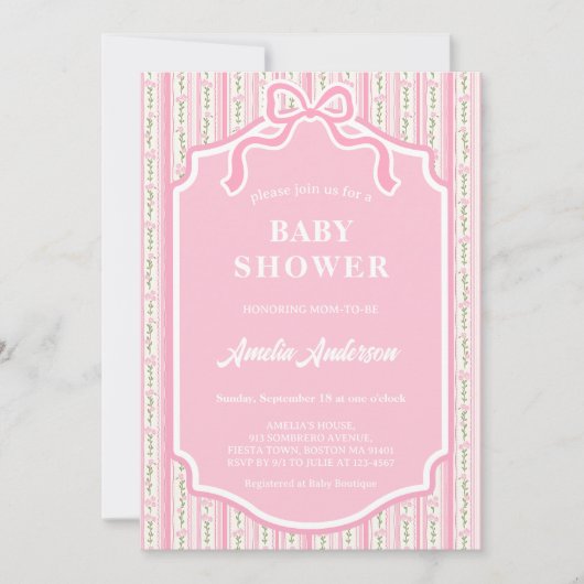 Invitation Modern Blush Pink Coquette Ribbon Bow Floral Strip (Devant)