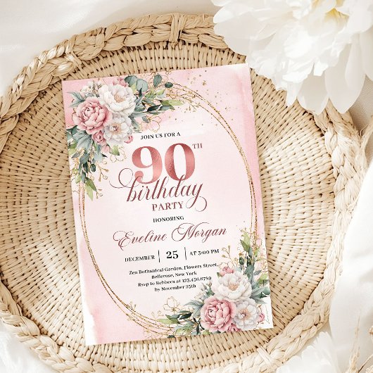 Invitation Modern Blush Pink Gold Eucalyptus 90th Birthday  