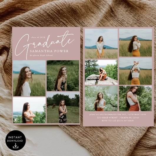 Invitation Modern Blush Rose 10 Photos Graduation Party