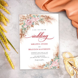 Invitation Modern Blush Roses Pampas Grass Floral Wedding