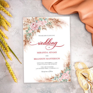 Invitation Modern Blush Roses Pampas Grass Floral Wedding