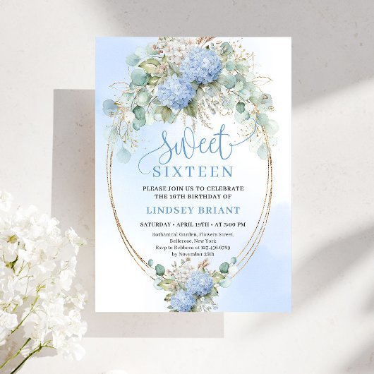 Invitation Modern Bohemian Blue Floral Gold Sweet 16 Birthday