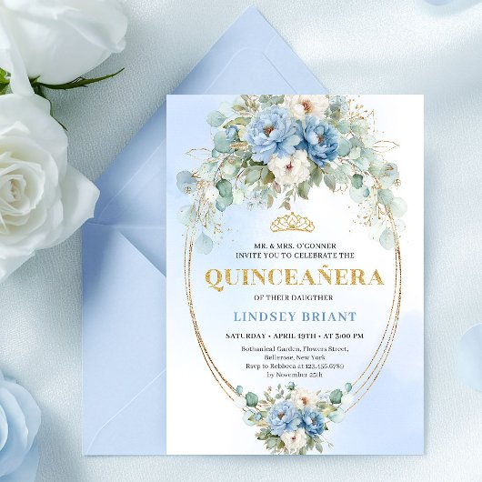 Invitation Modern Bohemian Blue Floral Quinceañera Digital 
