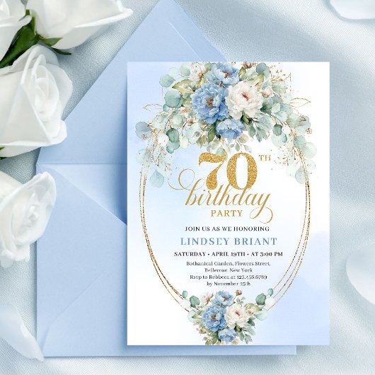 Invitation Modern Bohemian Dusty Blue Peonies 70th Birthday