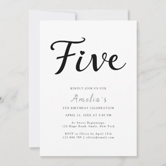 Invitation Modern Boho Black Script Simple 5th Birthday (Devant)