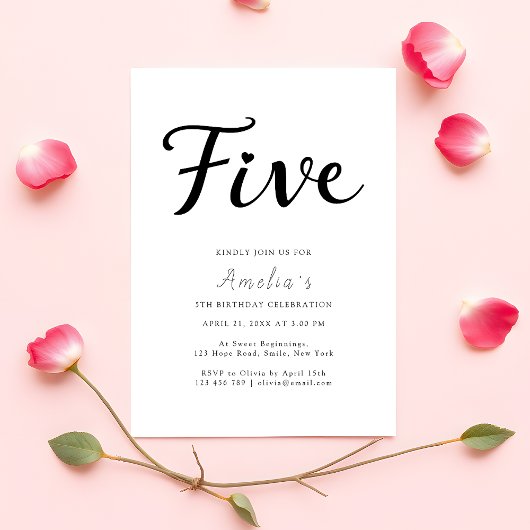 Invitation Modern Boho Black Script Simple 5th Birthday