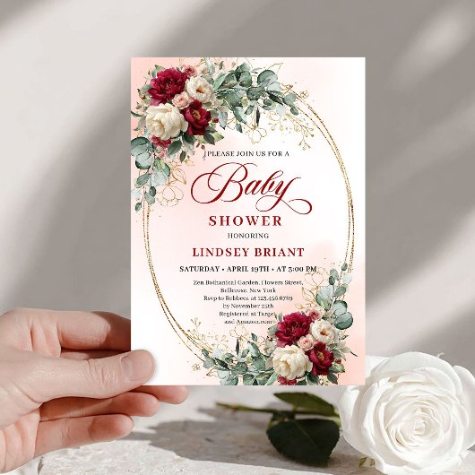Invitation Modern Boho Burgundy and Gold Baby Shower Invite