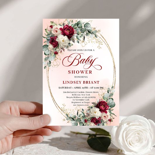 Invitation Modern Boho Burgundy and Gold Baby Shower Invite