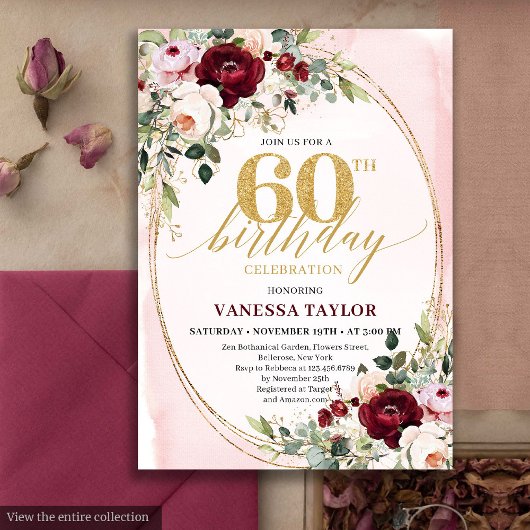 Invitation Modern Boho Burgundy Blush Floral 60th Birthday