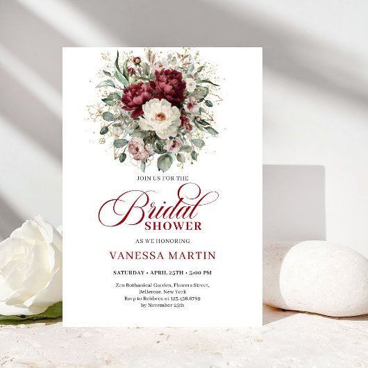Invitation Modern Boho Burgundy Eucalyptus Gold Bridal Shower