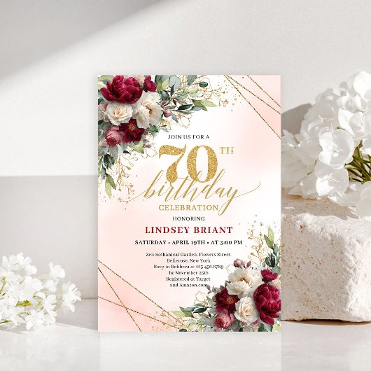 Invitation Modern Boho Burgundy Floral 70 Years Young Invite