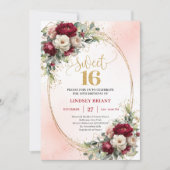 Invitation Modern Boho Burgundy Gold Floral 16th Birthday   (Devant)