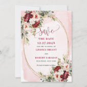 Invitation Modern Boho Deep Red Blush Gold Floral Save Date (Devant)