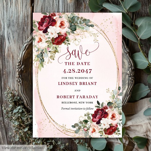 Invitation Modern Boho Deep Red Blush Gold Floral Save Date