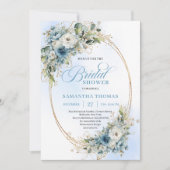 Invitation Modern Boho Dusty Blue Flowers Gold Bridal Shower (Devant)