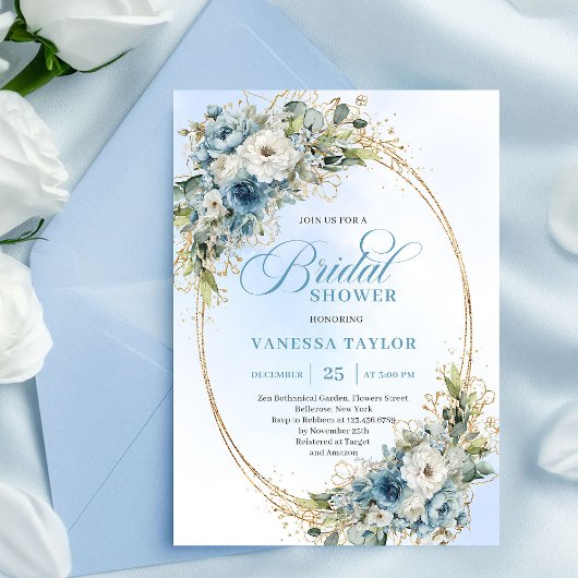 Invitation Modern Boho Dusty Blue Flowers Gold Bridal Shower