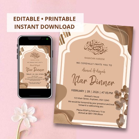 Invitation Modern Boho Earth Tone Islamic Arch Iftar
