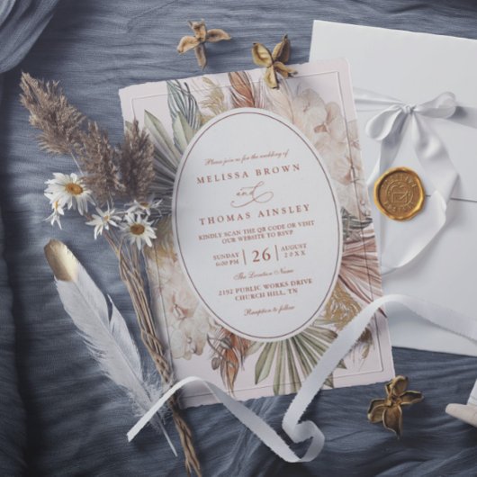 Invitation modern boho greenery pampas grass qr code wedding