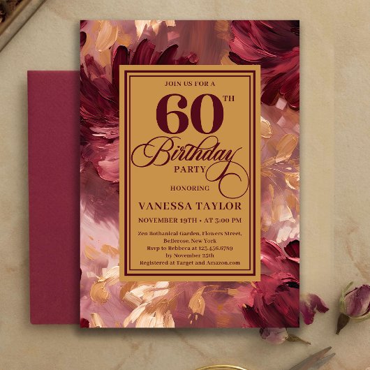 Invitation Modern Boho Merlot Blush Floral Look 60th Birthday