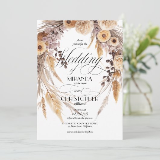 Invitation Modern Boho Pampas Grass Wreath Rustic Wedding (Debout devant)