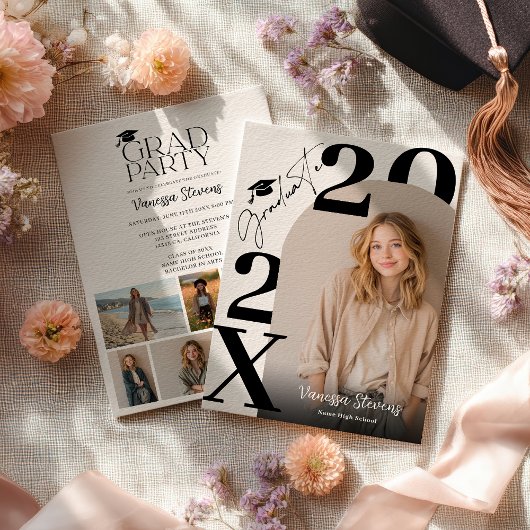 Invitation Modern Bold Black white Trendy 6 photos graduation