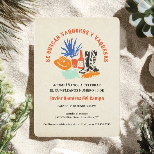 Invitation Modern Bold Espagnol Mexicain Cowboy Désert Annive