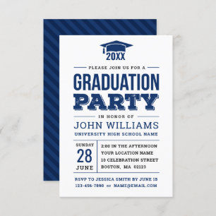 Invitation Modern Bold Navy Blue and White Graduation Party