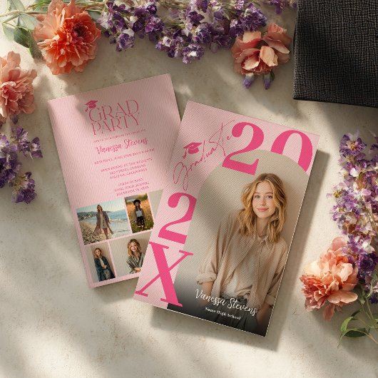 Invitation Modern Bold Retro Pink Trendy 6 photos graduation