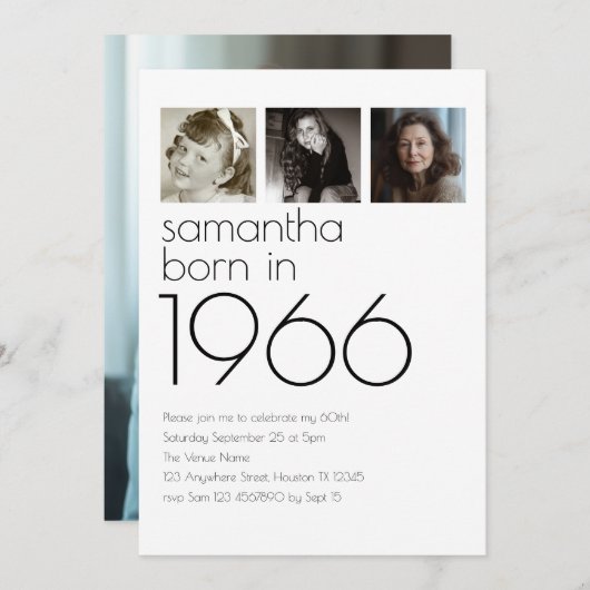 Invitation Modern Born in 1966 4 Photos 60th Birthday Party (Devant / Derrière)