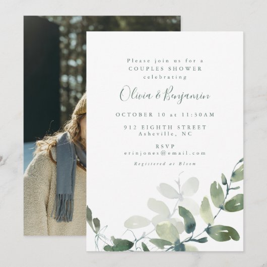Invitation Modern Botanical Eucalyptus Couples Shower Photo (Devant / Derrière)