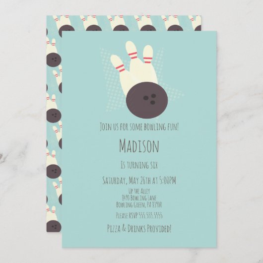 Invitation Modern Bowling Alley fête d'anniversaire Turquoise (Devant / Derrière)