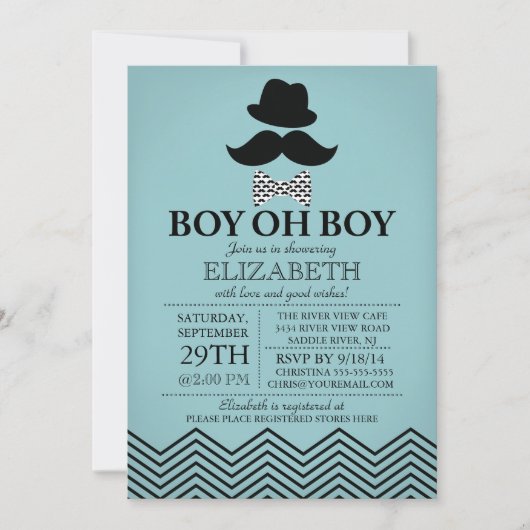 Invitation Modern Boy Oh Boy Little Man Mustache Baby shower (Devant)