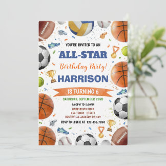 Invitation Modern Boys Sports Balls All Star Kids Birthday