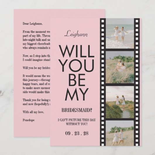Invitation Modern Bridesmaid Photo Proposal Pink Reel (Devant / Derrière)
