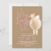 Invitation  Modern Brown Pink Bear Balloon Baby Shower (Devant)