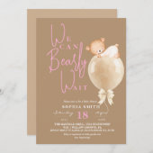 Invitation  Modern Brown Pink Bear Balloon Baby Shower (Devant / Derrière)