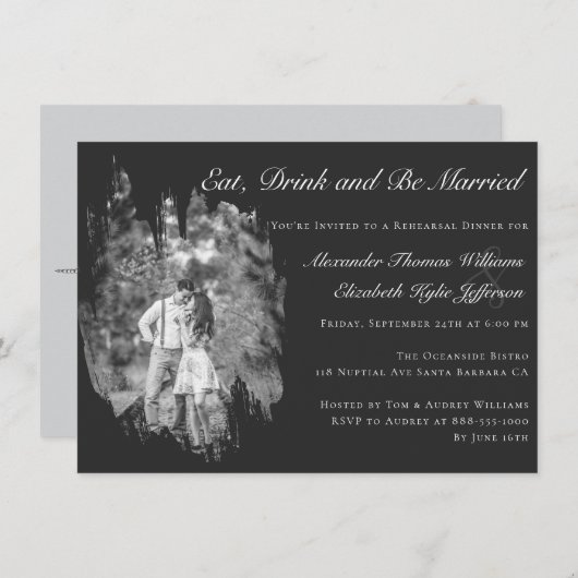 Invitation Modern Brushstroke Photo Black Rehearsal Dinner (Devant / Derrière)