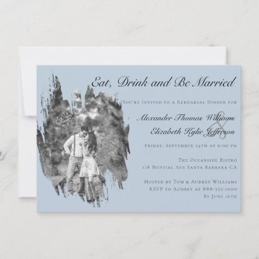 Invitation Modern Brushstroke Photo Blue Rehearsal Dinner (Devant)